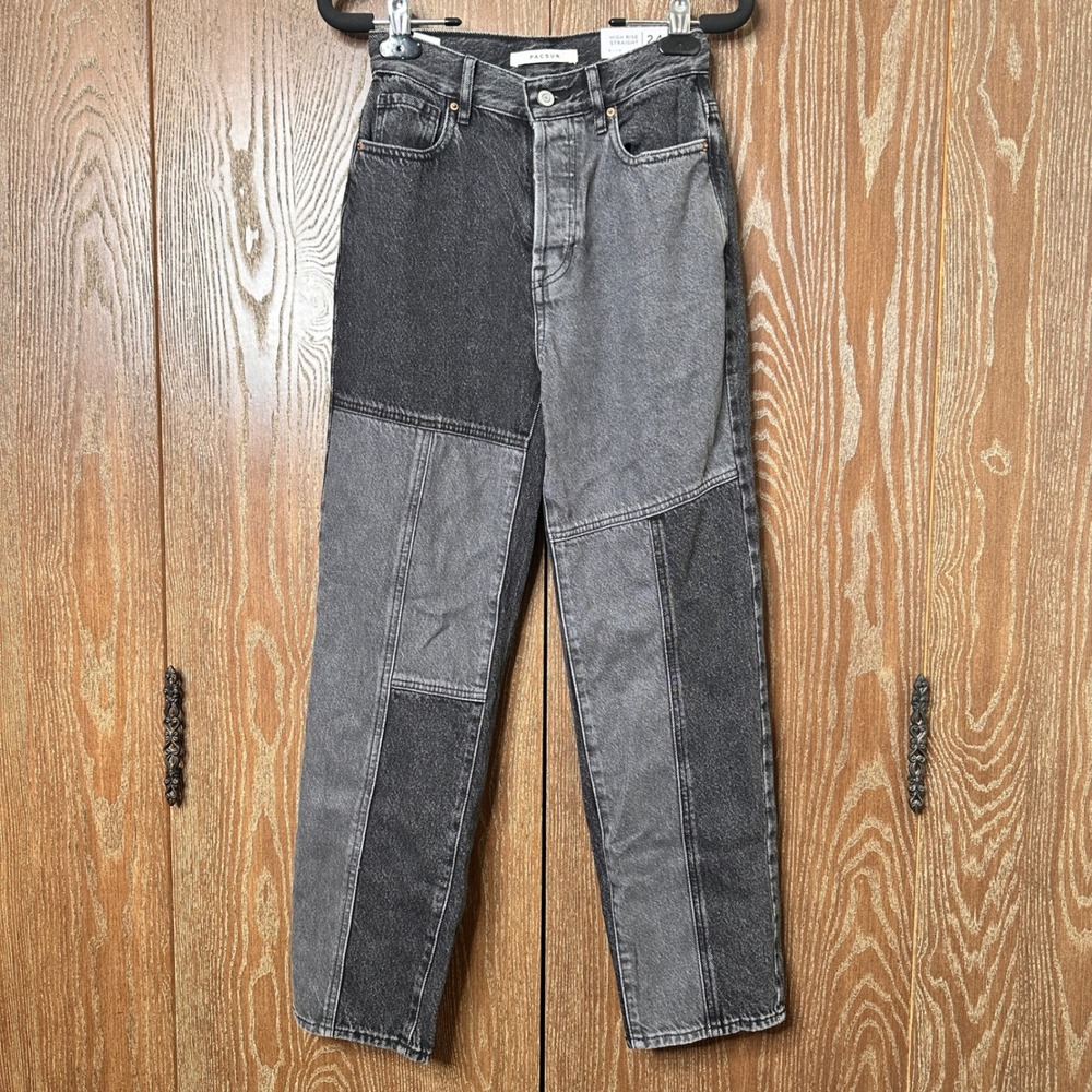 NWT PacSun High Rise Straight Patchwork Jeans Gray Black Two Tone 24 Fly Zipper